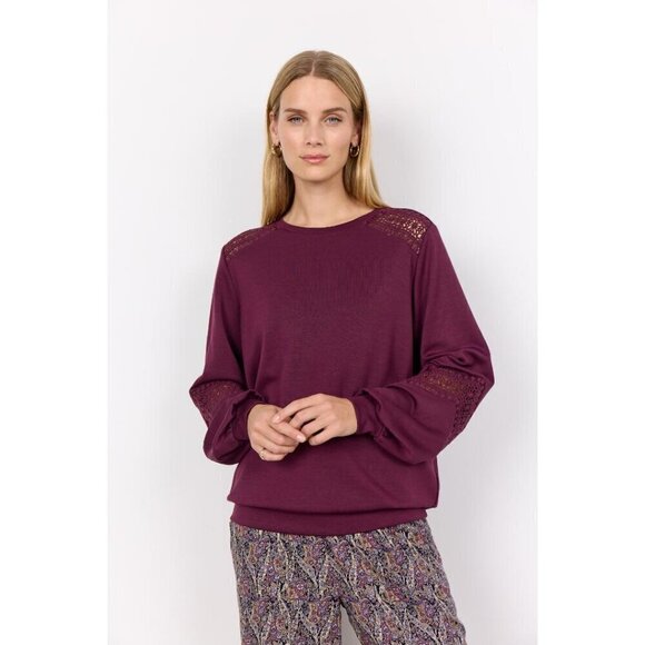 NWT SOYA CONCEPT Banu 193 Wine Crocheted Lace Crewneck - Picture 1 of 5